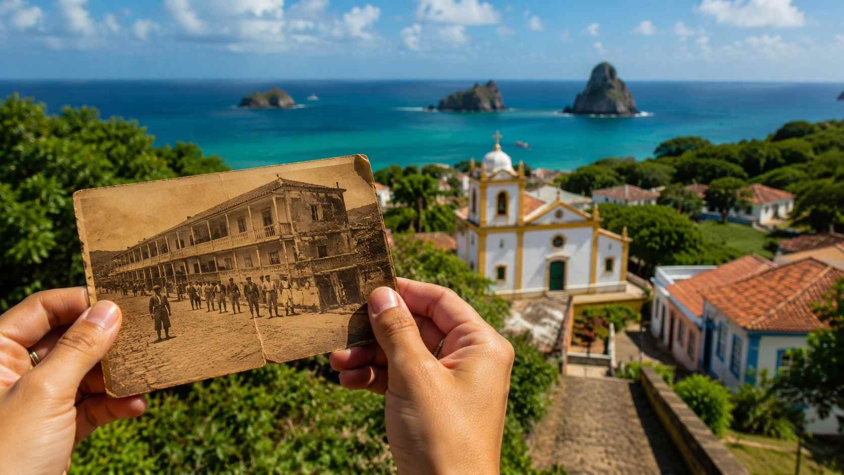 A traveler holds a historic photo of the prison era in front of the sunny Vila dos Remédios, a guide to the Museu Memorial Noronhense.