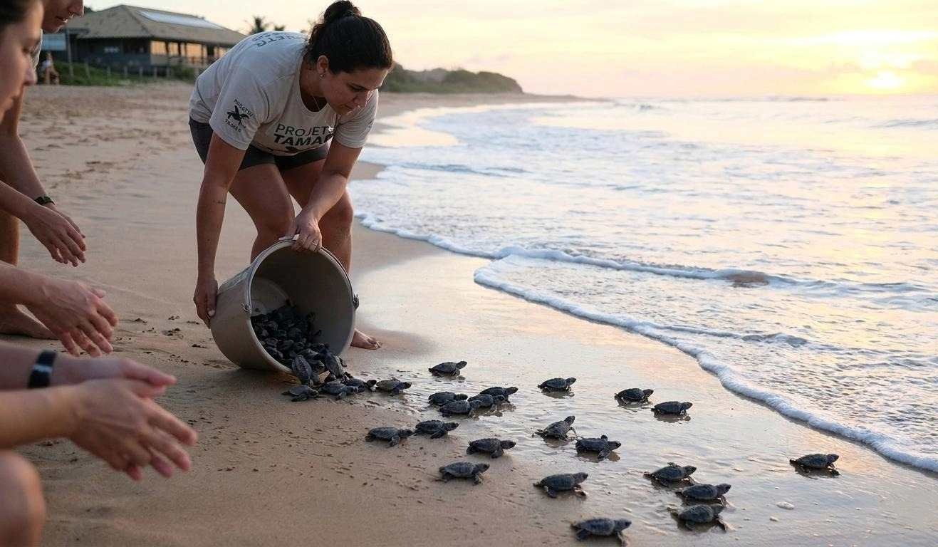 Un ricercatore del Projeto Tamar di Fernando de Noronha rilascia con cura i piccoli di tartaruga marina su una spiaggia sabbiosa all’alba.