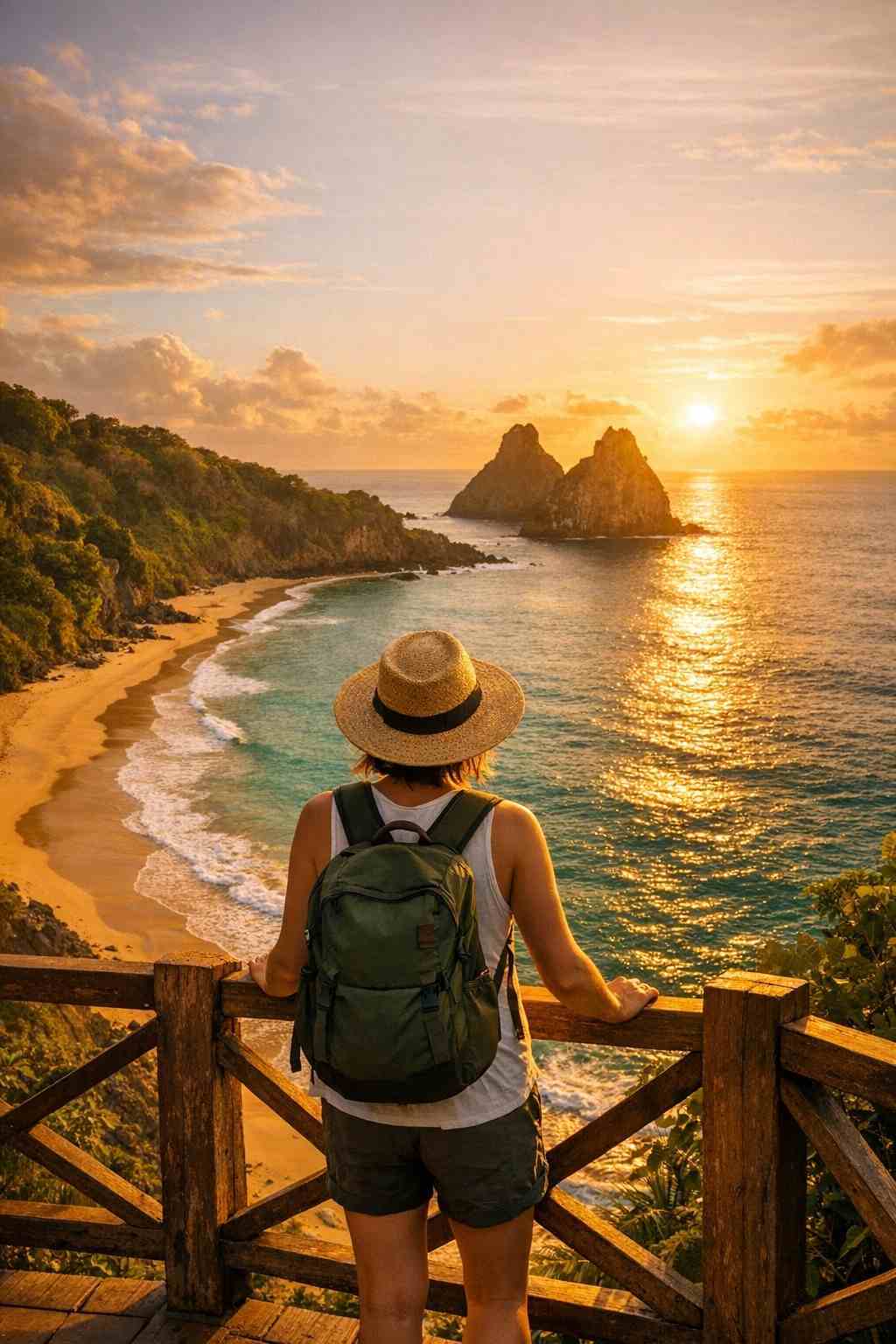 Una persona che ammira la splendida vista sulla Baia do Sancho, una destinazione da non perdere descritta nella nostra guida su come visitarla