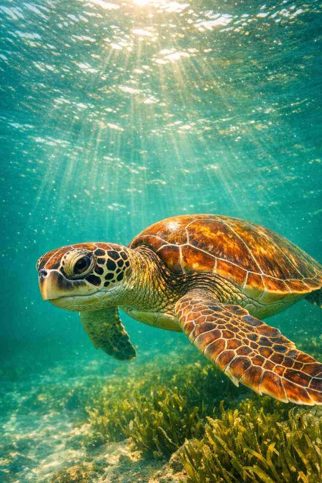 Primo piano di una splendida tartaruga marina verde che nuota in acque cristalline durante la tua visita alla spiaggia di Sueste.