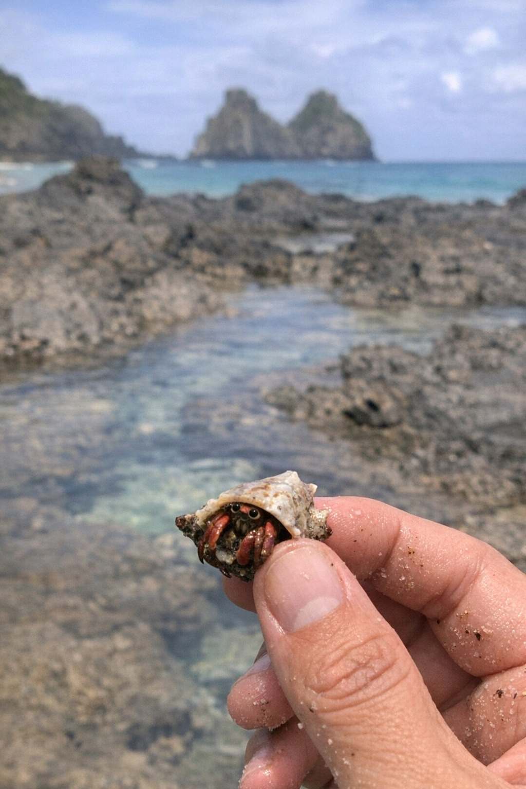 Una foto autentica per la guida di Baia dos Porcos che mostra un dettaglio della fauna marina sugli scogli con la baia sullo sfondo.