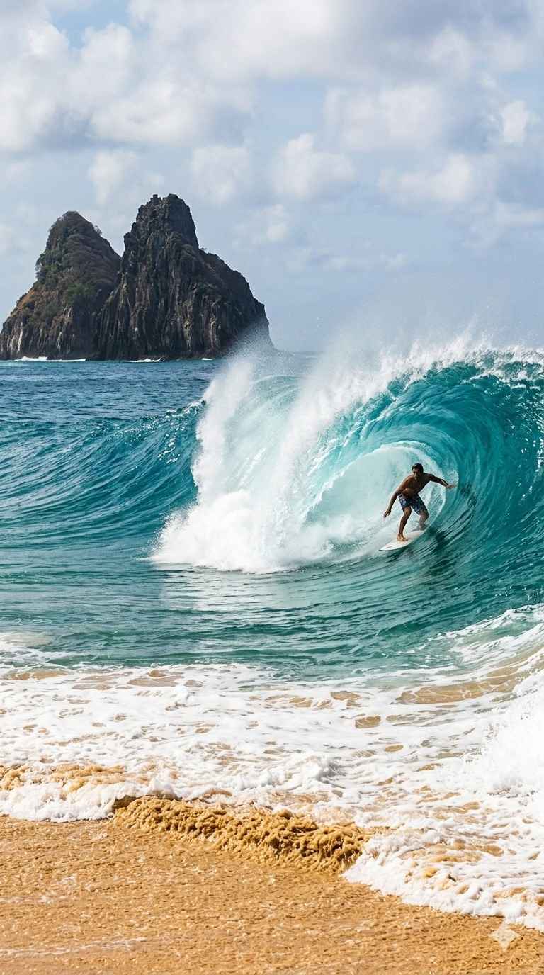 Un surfista cavalca un potente tubo sulla spiaggia di Cacimba do Padre, con le iconiche rocce del Morro Dois Irmãos sullo sfondo, in Brasile.