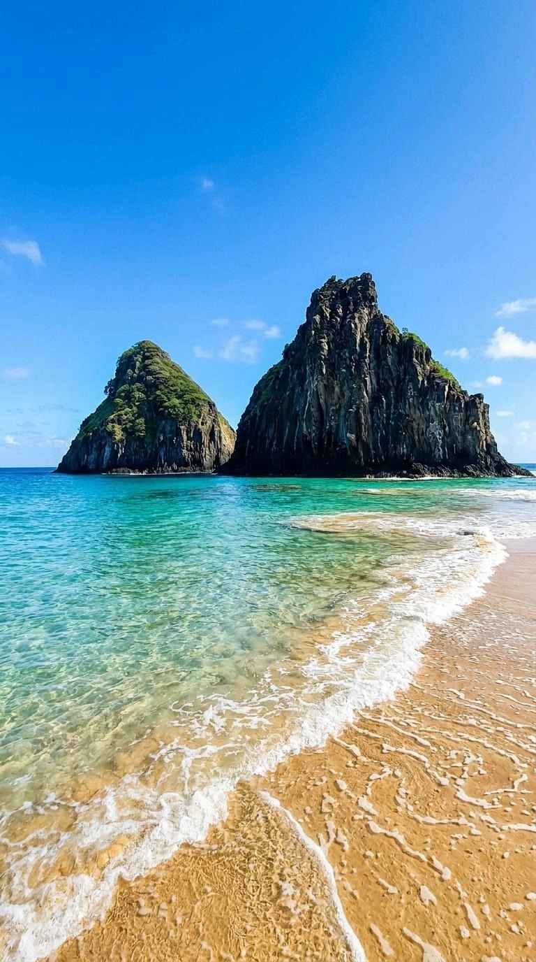 Le iconiche rocce del Morro Dois Irmãos che si ergono dalle acque turchesi della spiaggia di Cacimba do Padre in Brasile.