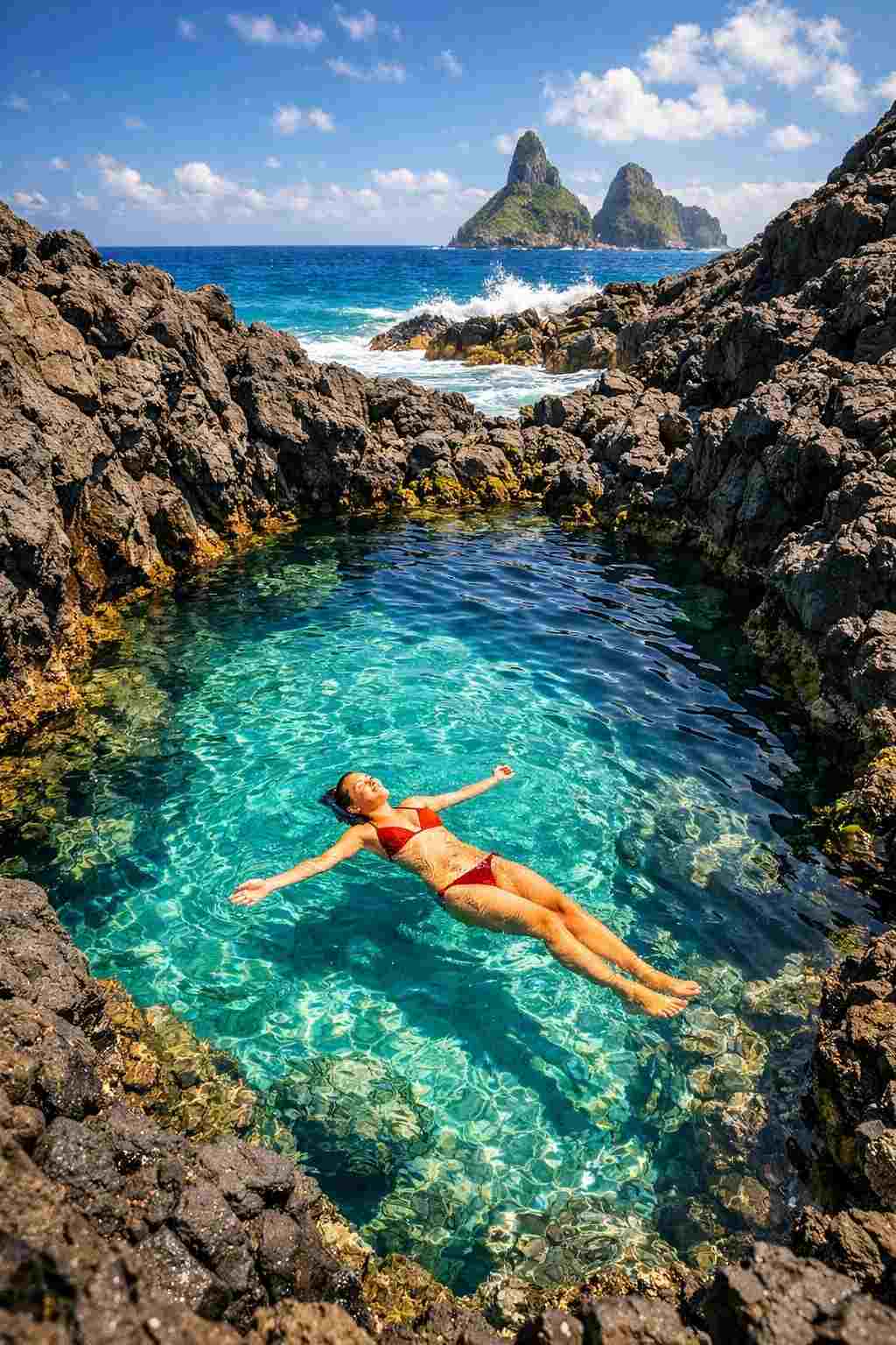 Una persona che nuota nella piscina naturale turchese di Praia do Cachorro, una delle attrazioni principali della nostra guida turistica di Fernando de Noronha.