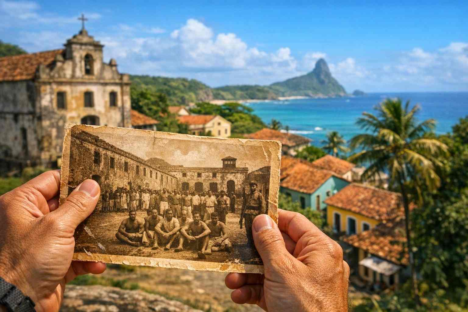 Un viaggiatore tiene in mano una foto storica dell'epoca carceraria davanti alla soleggiata Vila dos Remédios, guida al Museu Memorial Noronhense.