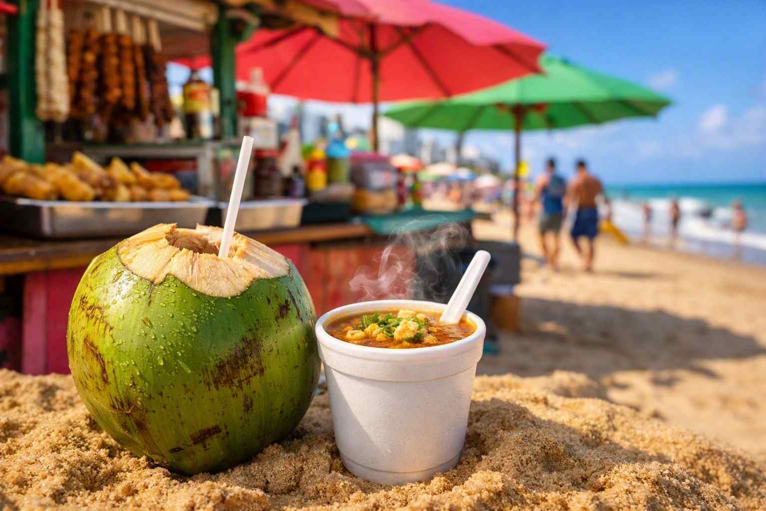 Autentico cibo di strada locale e acqua di cocco fresca serviti in un colorato chiosco sulla spiaggia di Boa Viagem a Recife.