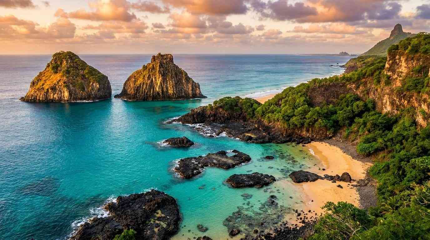 O icônico Morro Dois Irmãos na Baía dos Porcos, destaque em nosso guia de viagem multicultural em Fernando de Noronha de 2026.