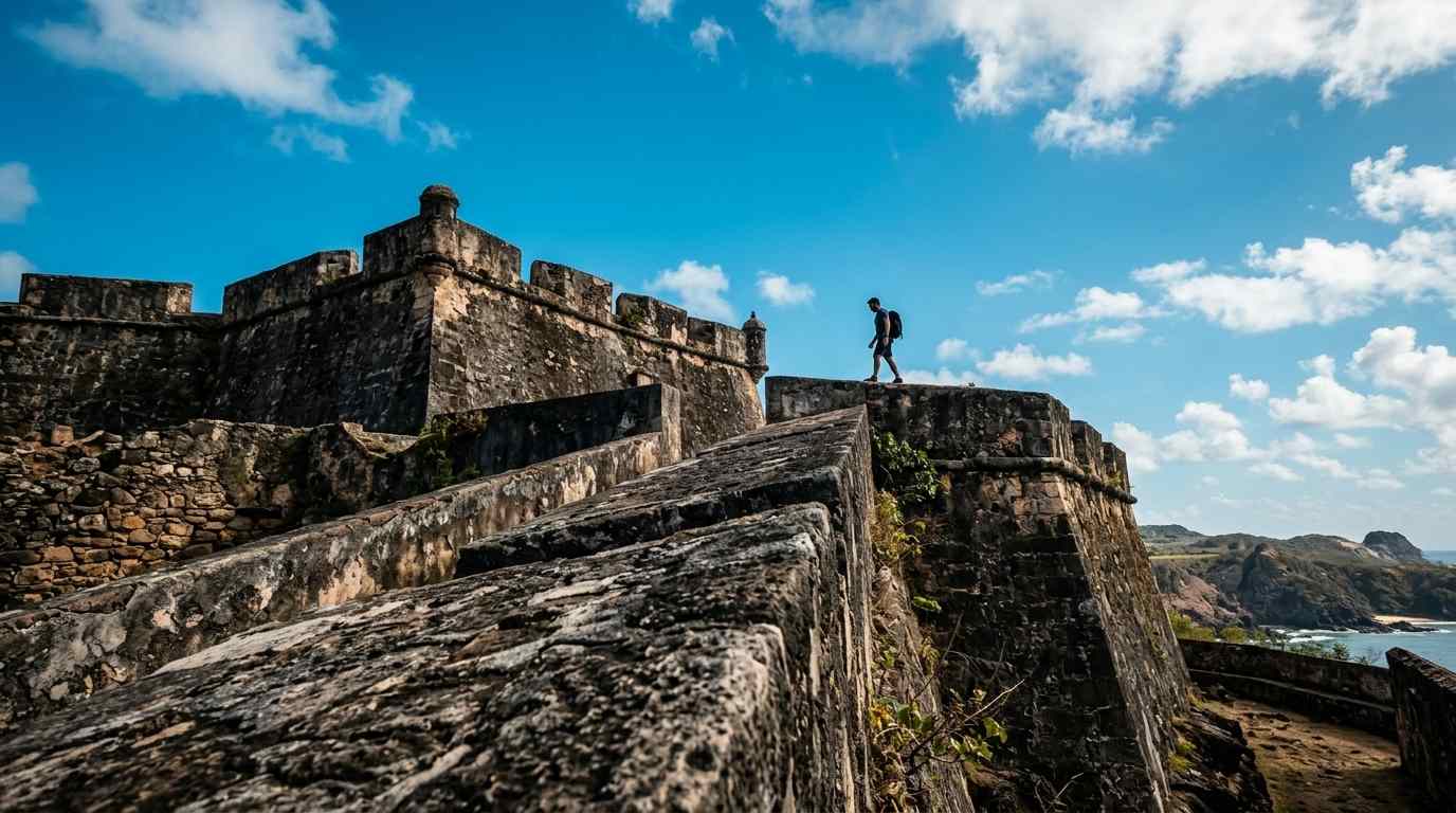 Um viajante explora as muralhas históricas de pedra da fortaleza do século XVIII, um elemento fundamental do nosso Guia do Forte Noronha sobre a história da ilha.