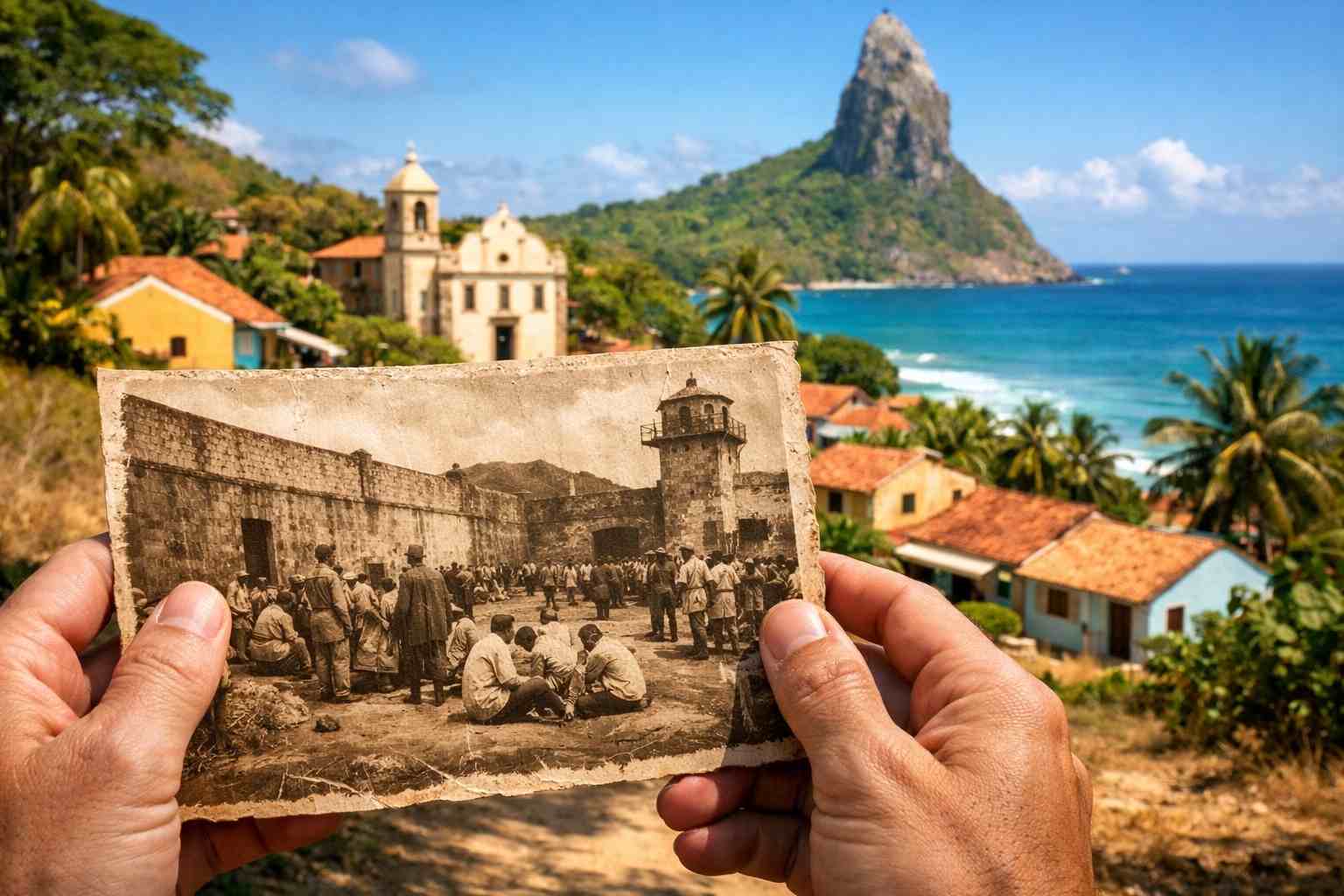 Um turista segura uma foto histórica da época da prisão em frente à ensolarada Vila dos Remédios, guia do Museu Memorial Noronhense.