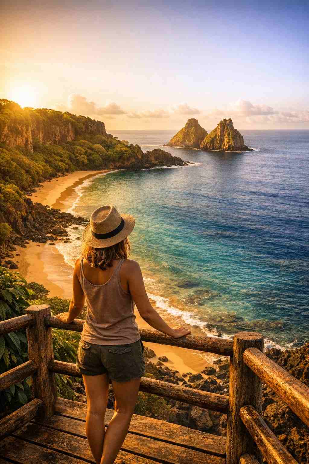 Uma pessoa contemplando a vista deslumbrante da Baía do Sancho, um destino imperdível que abordamos em nosso guia sobre como visitar