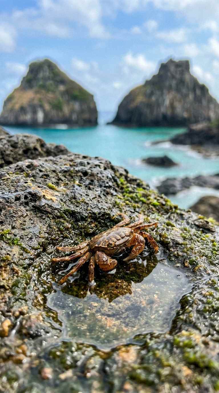 Uma foto autêntica para o guia da Baía dos Porcos, mostrando um detalhe da vida marinha nas rochas, com a baía ao fundo.