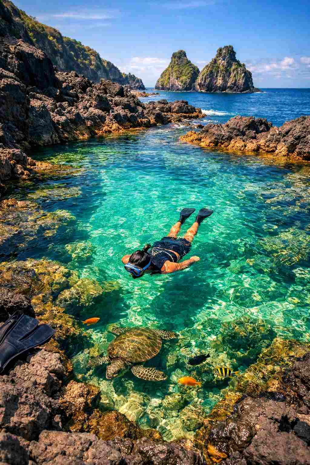Um mergulhador com snorkel flutua em uma poça de mar de cor esmeralda nesta imagem inspiradora do guia da Baía dos Porcos.