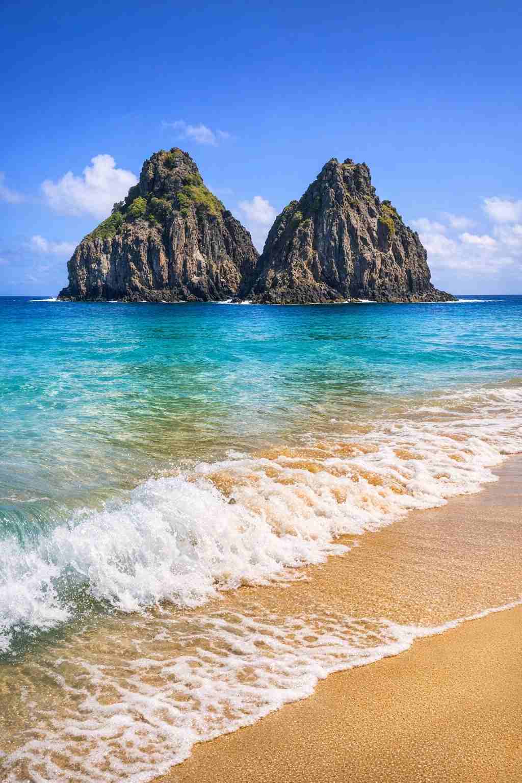 As icônicas rochas do Morro Dois Irmãos erguem-se das águas azul-turquesa da Praia da Cacimba do Padre, no Brasil.