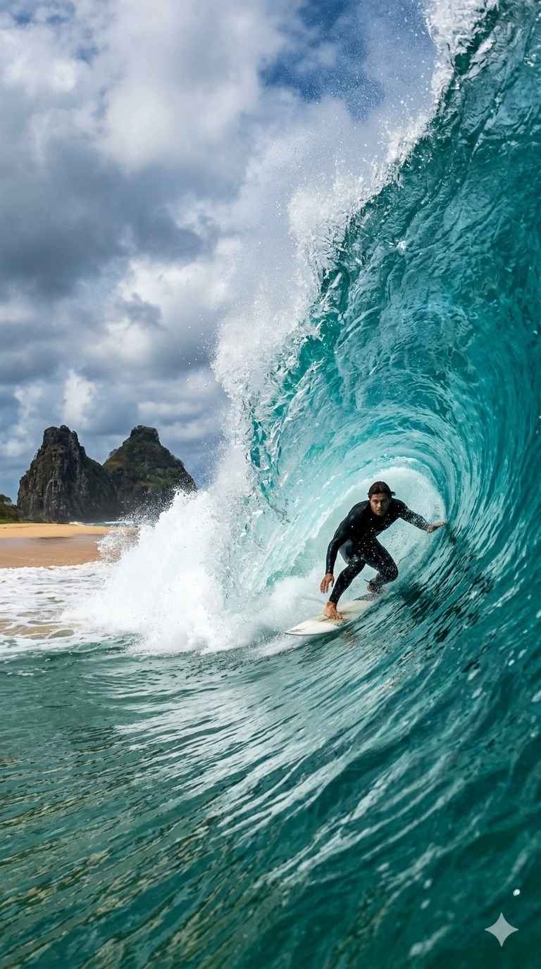Um surfista desce uma enorme onda tubular na Praia da Cacimba do Padre, com as rochas do Morro Dois Irmãos ao fundo, no Brasil.