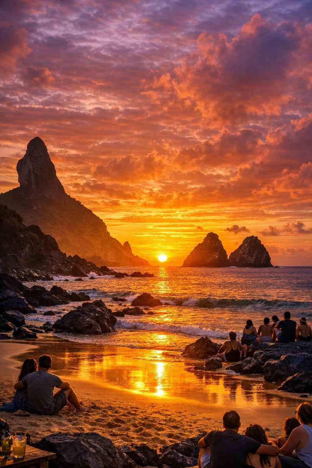 Um pôr do sol dourado de tirar o fôlego sobre o oceano na Praia do Cachorro, uma experiência imperdível do nosso guia de Fernando de Noronha.