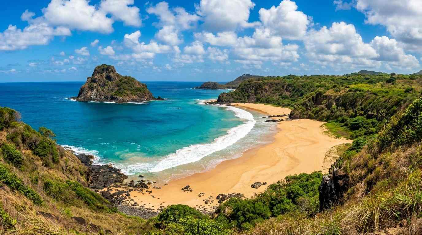 A deslumbrante vista panorâmica do mirante da Praia do Leão, em Fernando de Noronha, um dos principais destaques do nosso guia de viagem completo sobre a Praia do Leão.
